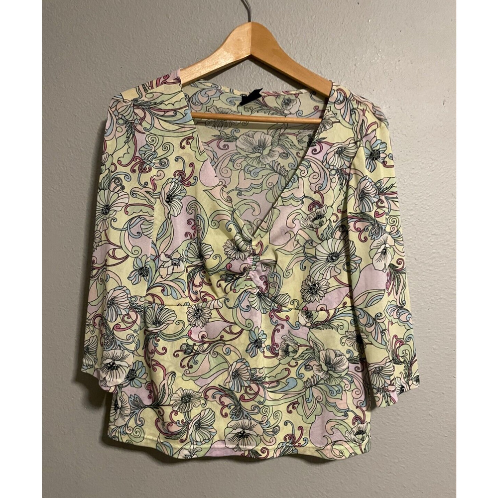 Vintage Womens Top XL Yellow Floral Mesh Babydoll Semi Sheer Stretch Fairy Y2K